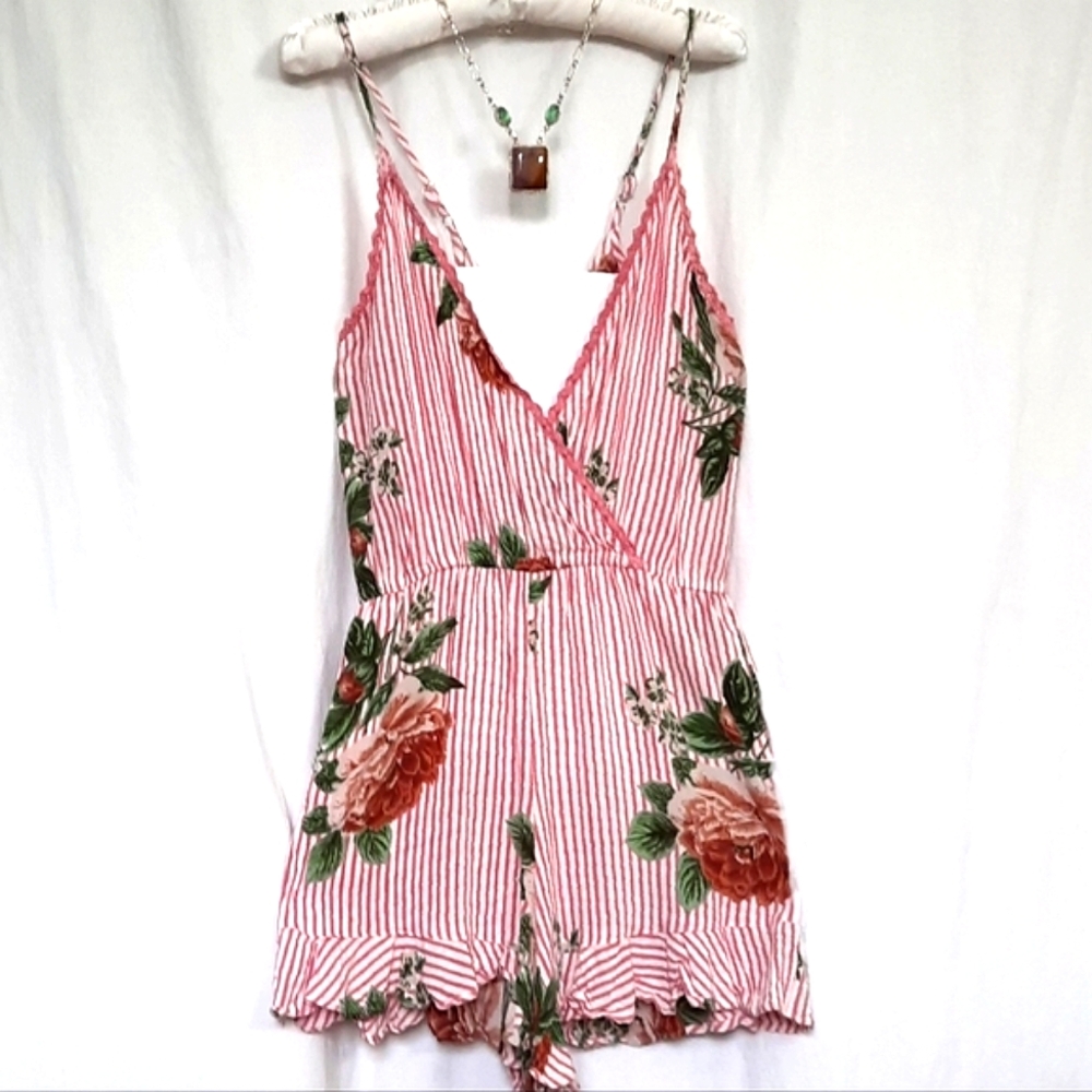 ANGIE Romper Shorts, Pink Stripes 'n Floral, Bow at Back